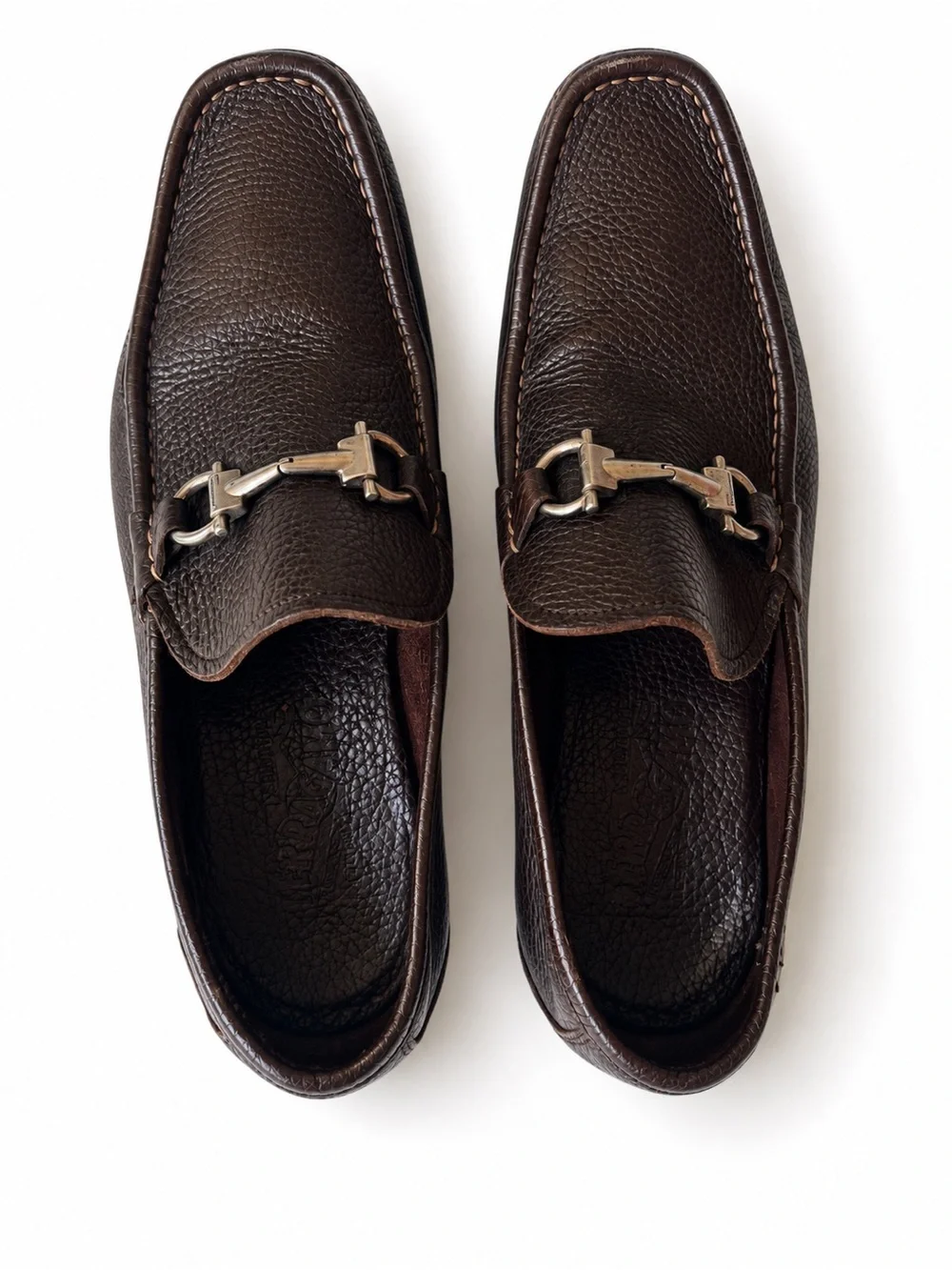 Salvatore Ferragamo Dark Brown Pebbled Leather Bit Loafers